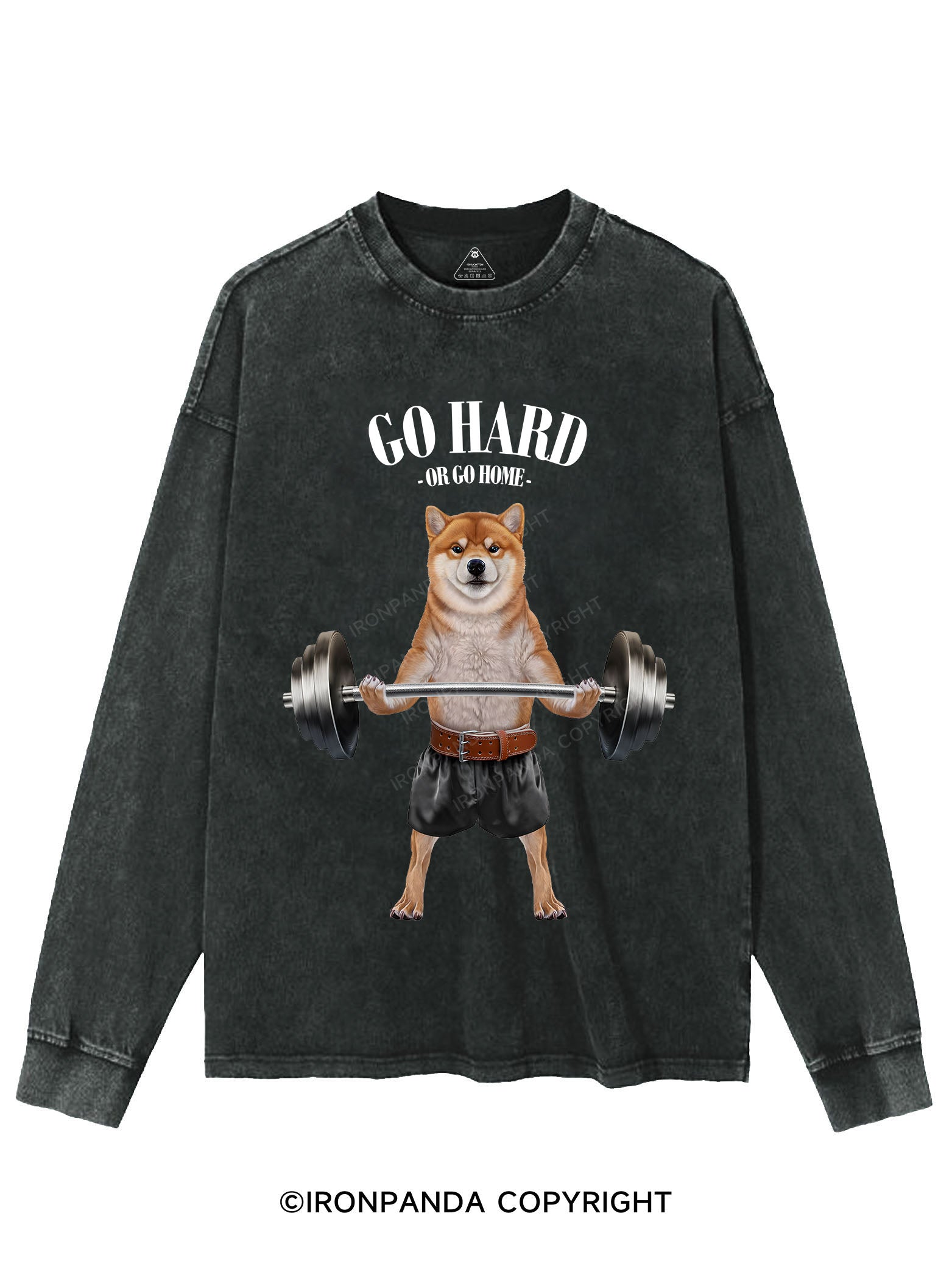 Shiba Dog Weightlifting WASHED LONG SLEEVE SHIRT