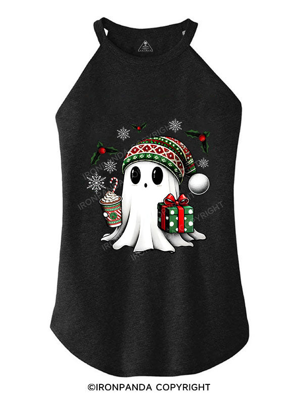 CHRISTMAS GHOST WITH COFFEE AND GIFT TRI ROCKER COTTON TANK