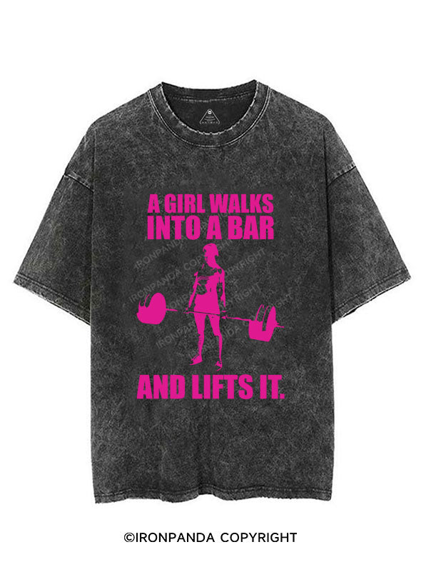 A GIRL WALKS INTO A BAR AND LIFTS IT  VINTAGE GYM SHIRT