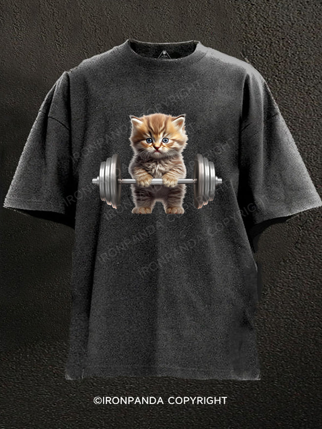 Weightlifting Cat Washed Gym Shirt