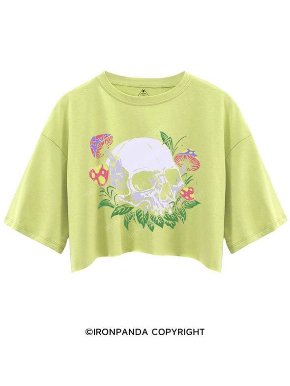 SKELETON LOST IN A MUSHROOM WONDERLAND CROP TOPS