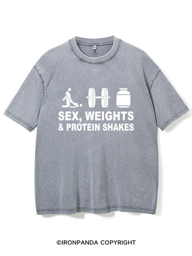 SEX WEIGHTS & PROTEIN SHAKES  Washed Gym Shirt