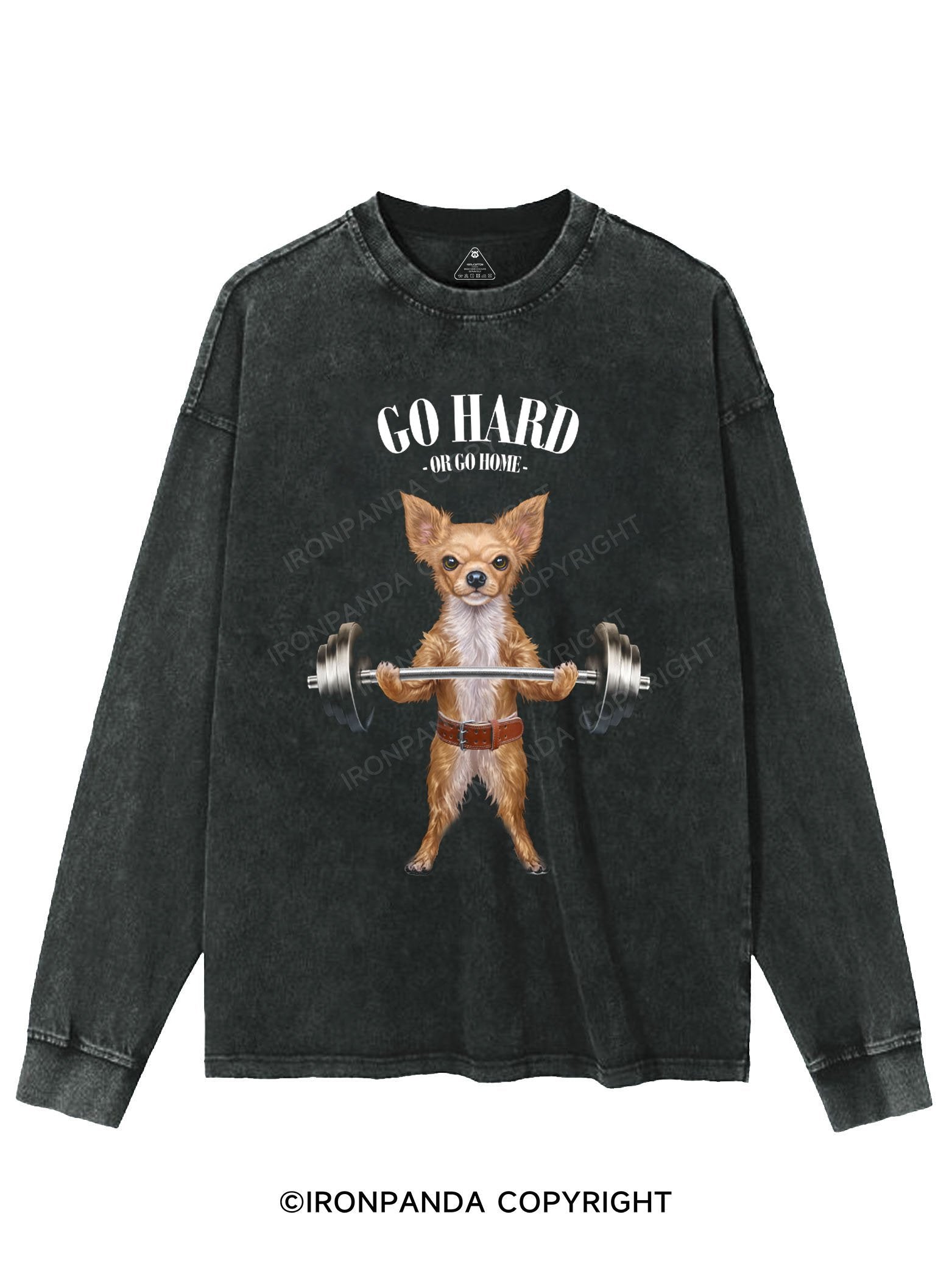 Chihuahua Weightlifting WASHED LONG SLEEVE SHIRT