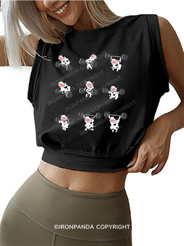 cow weightlifting SLEEVELESS CROP TOPS