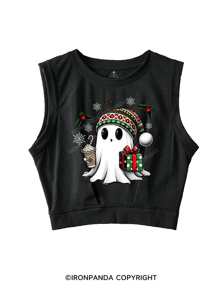 CHRISTMAS GHOST WITH COFFEE AND GIFT SLEEVELESS CROP TOPS