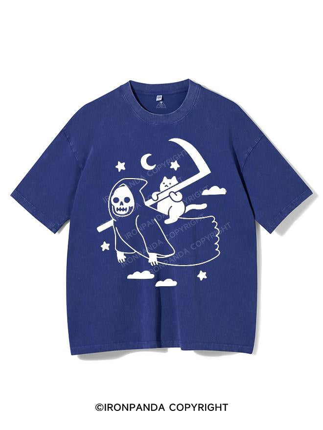 CAT RIDING GRIM REAPER VINTAGE GYM SHIRT