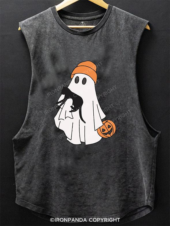 HALLOWEEN GHOST HOLDING A CAT SCOOP BOTTOM COTTON TANK