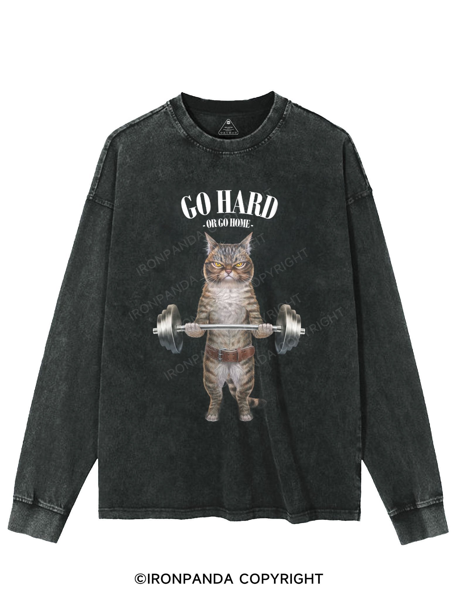 Tabby Cat Weightlifting WASHED LONG SLEEVE SHIRT