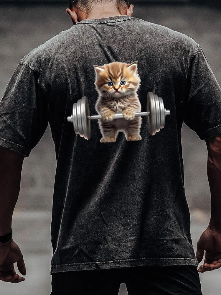 Weightlifting Cat back printed Washed Gym Shirt