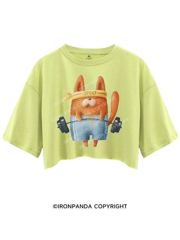 WEIGHT LIFTING CARTOON CAT CROP TOPS