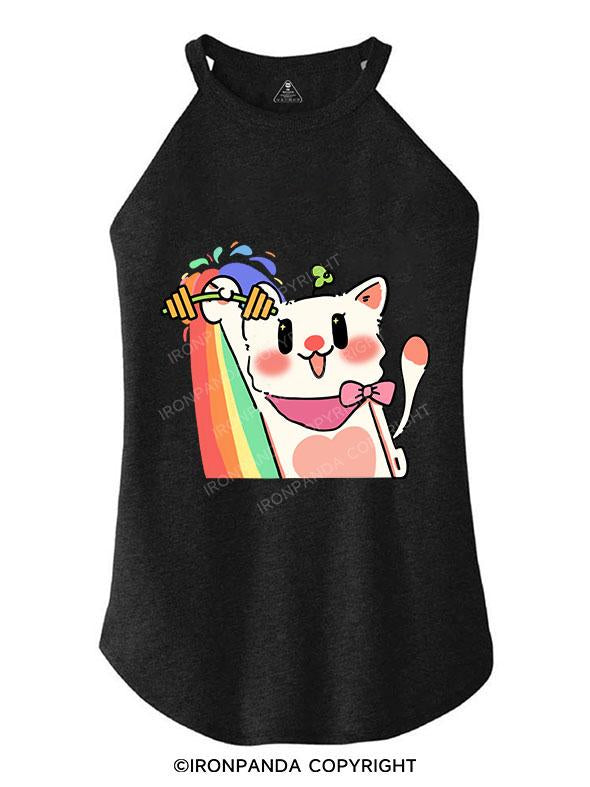 LIFTING KITTY VIBIN' WITH RAINBOWS TRI ROCKER COTTON TANK