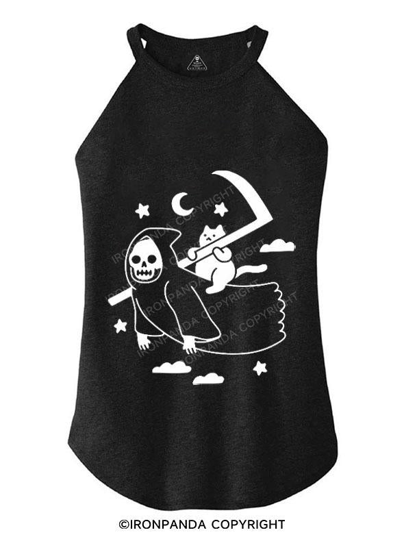 CAT RIDING GRIM REAPER TRI ROCKER COTTON TANK