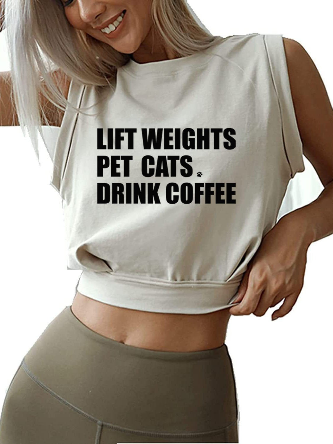 LIFT WEIGHTS PET CATS DRINK COFFEE SLEEVELESS CROP TOPS