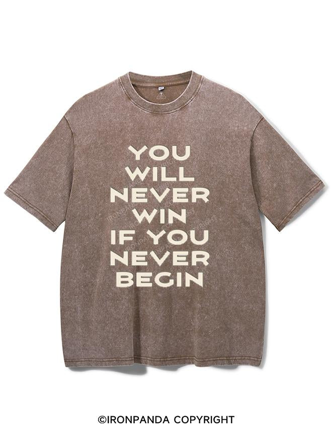 YOU WILL NEVER WIN IF YOU NEVER BEGIN VINTAGE GYM SHIRT