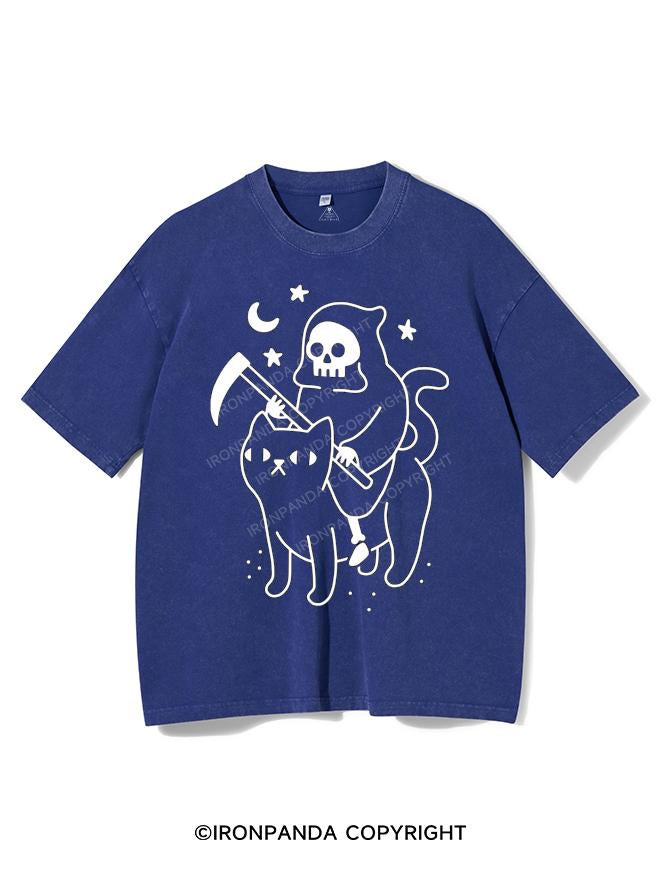 GRIM REAPER RIDING A CAT VINTAGE GYM SHIRT