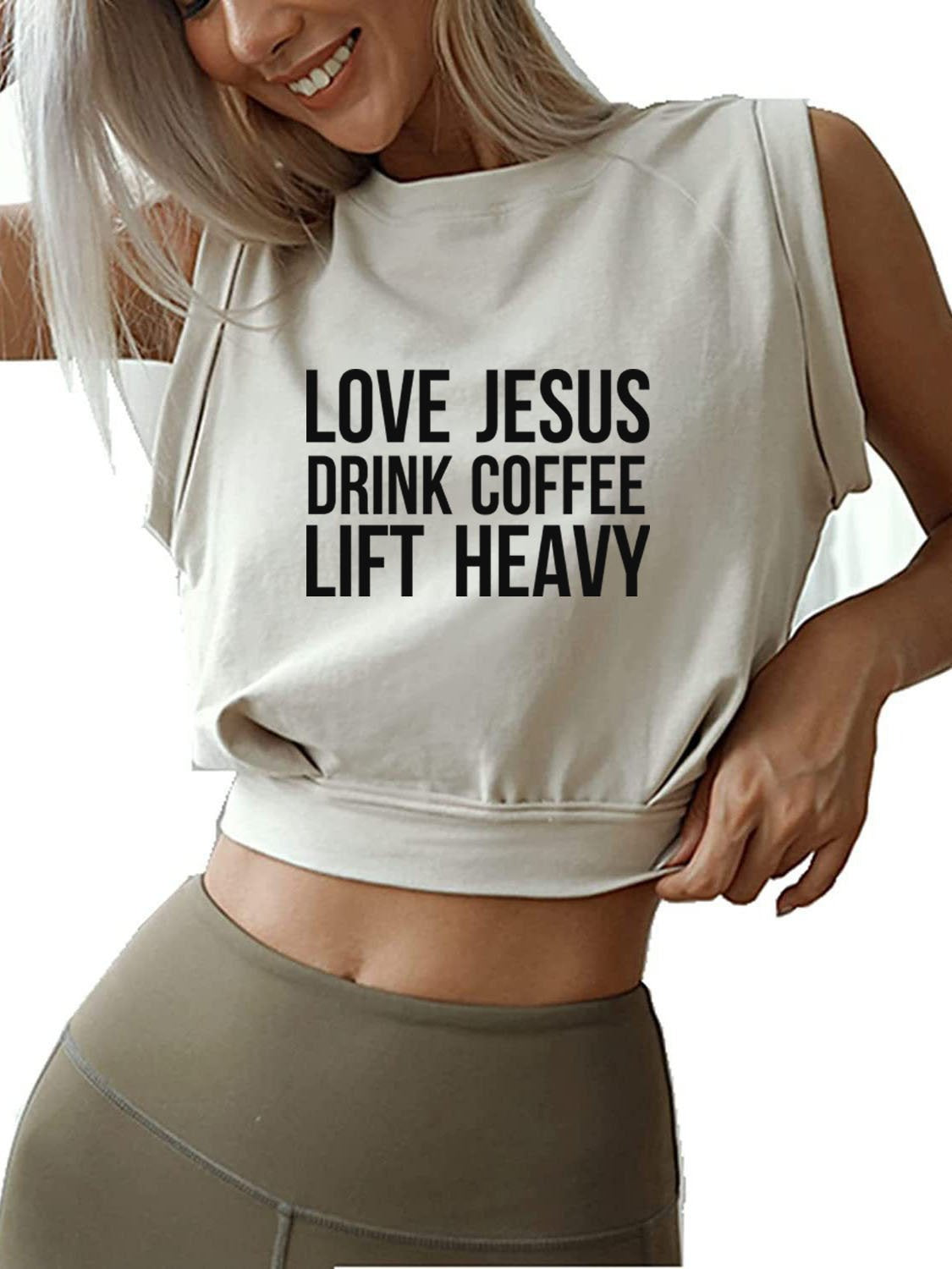 LOVE JESUS DRINK COFFEE LIFT HEAVY SLEEVELESS CROP TOPS