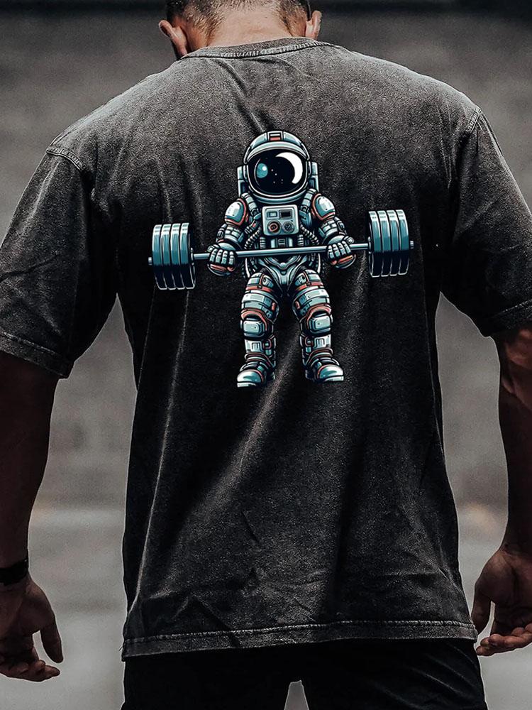 barbell weightlifting astronaut back printed Washed Gym Shirt