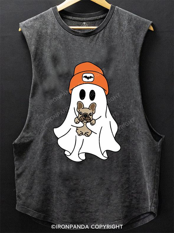 HALLOWEEN GHOST WITH A PUPPY SCOOP BOTTOM COTTON TANK