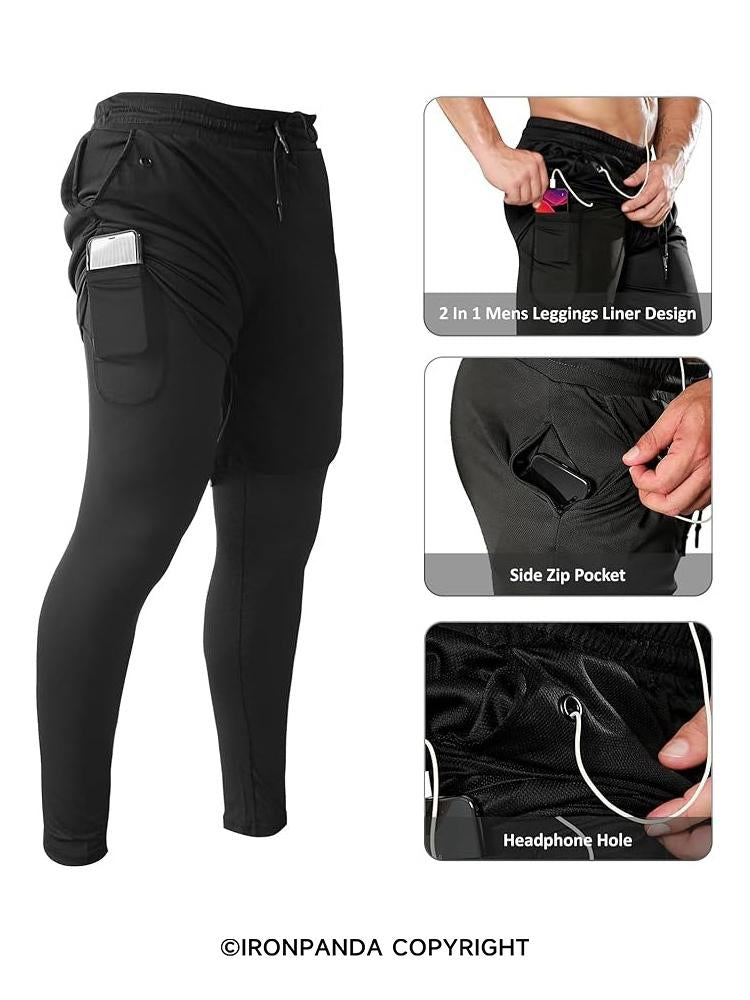 IronPanda Men's 2-in-1 Black Gym Workout Compression Pants Training Sweatpants