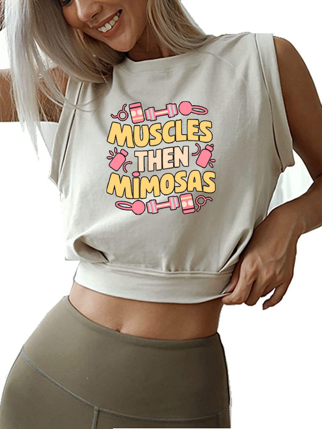 MUSCLES THEN MIMOSAS SLEEVELESS CROP TOPS