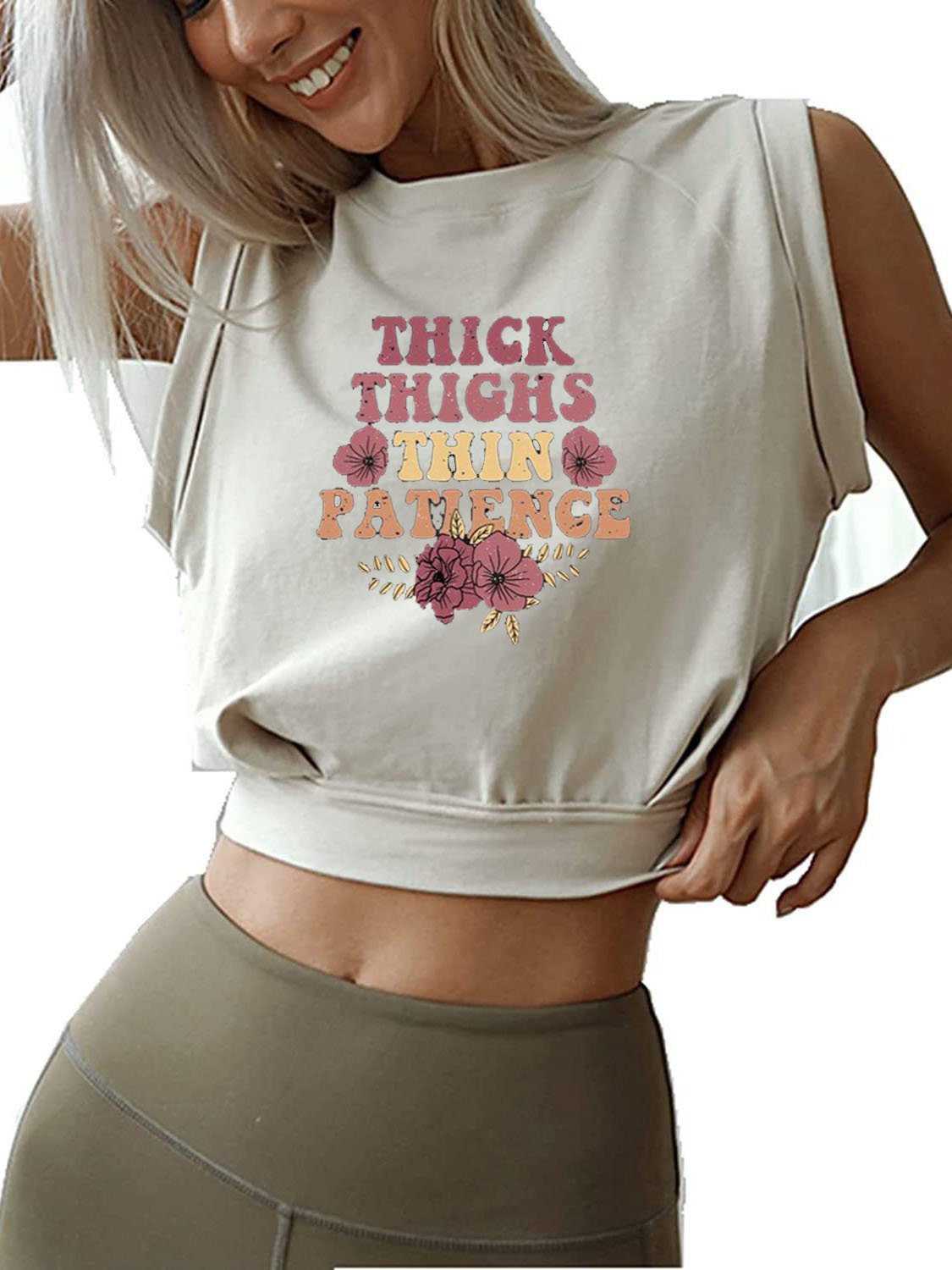 THICK THIGHS THIN PATIENCE SLEEVELESS CROP TOPS