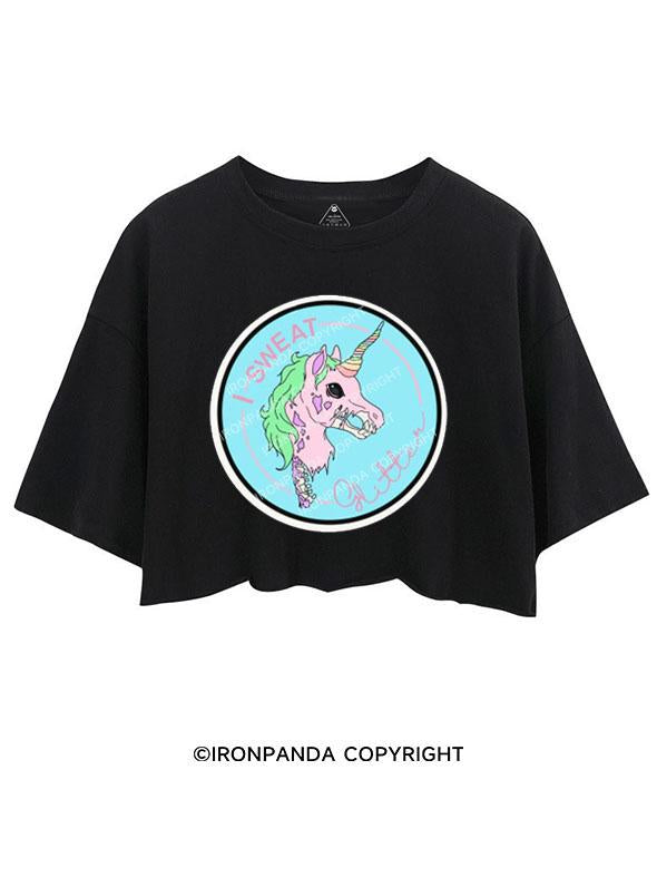 I SWEAT GLITTER UNICORN SKELETON CROP TOPS