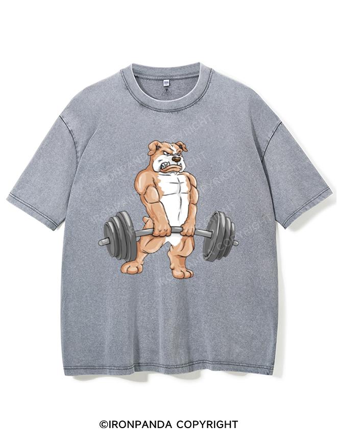 Bulldog at bodybuilding with barbell Washed Gym Shirt