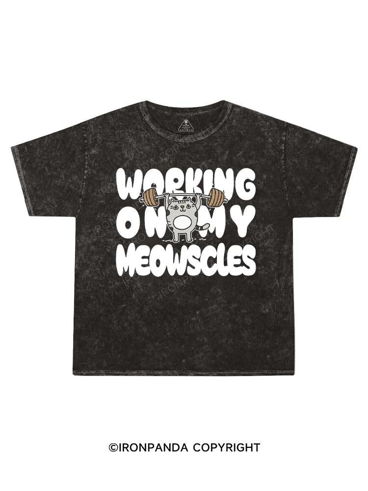 Working on My Meowscles Kids Washed T-Shirt