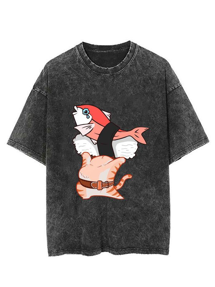 CAT LIFTING SUSHI FISH VINTAGE GYM SHIRT