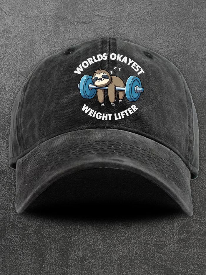 World's Okayest Weight Lifter Sloth Washed Gym Cap