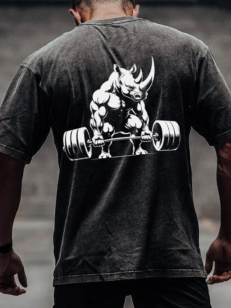 weightlifting rhino back printed Washed Gym Shirt