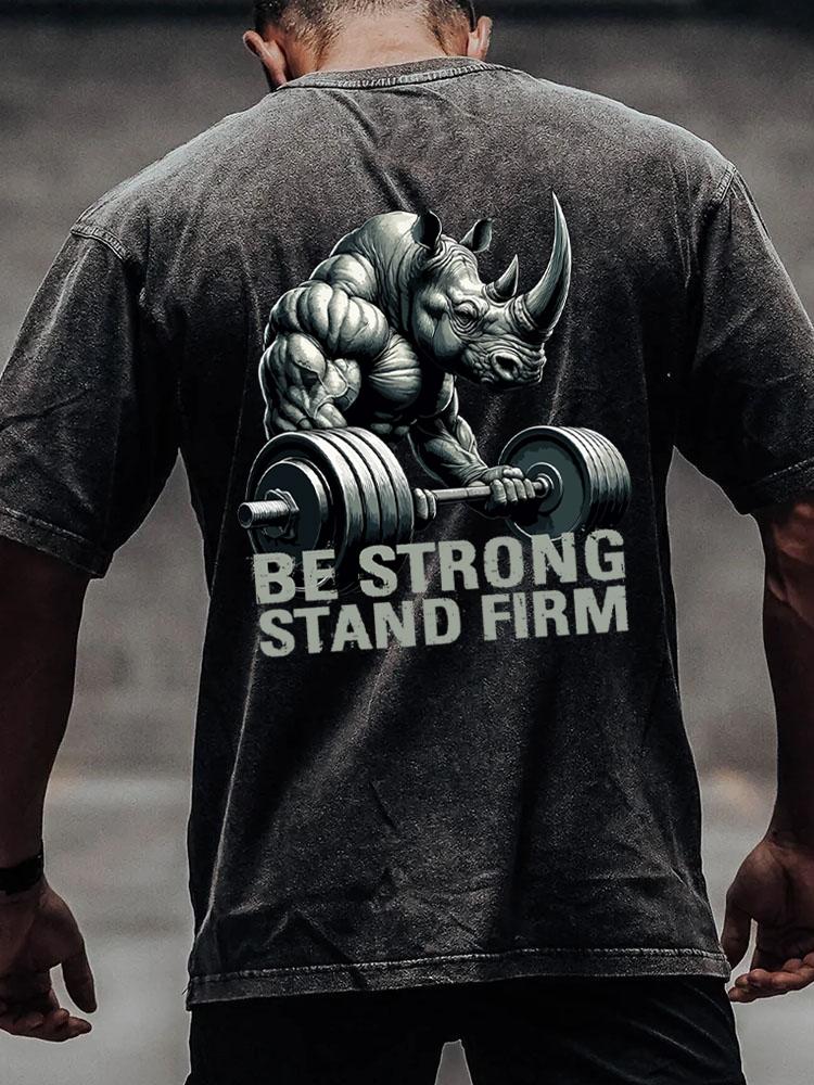 be strong stand firm muscular rhino  back printed Washed Gym Shirt