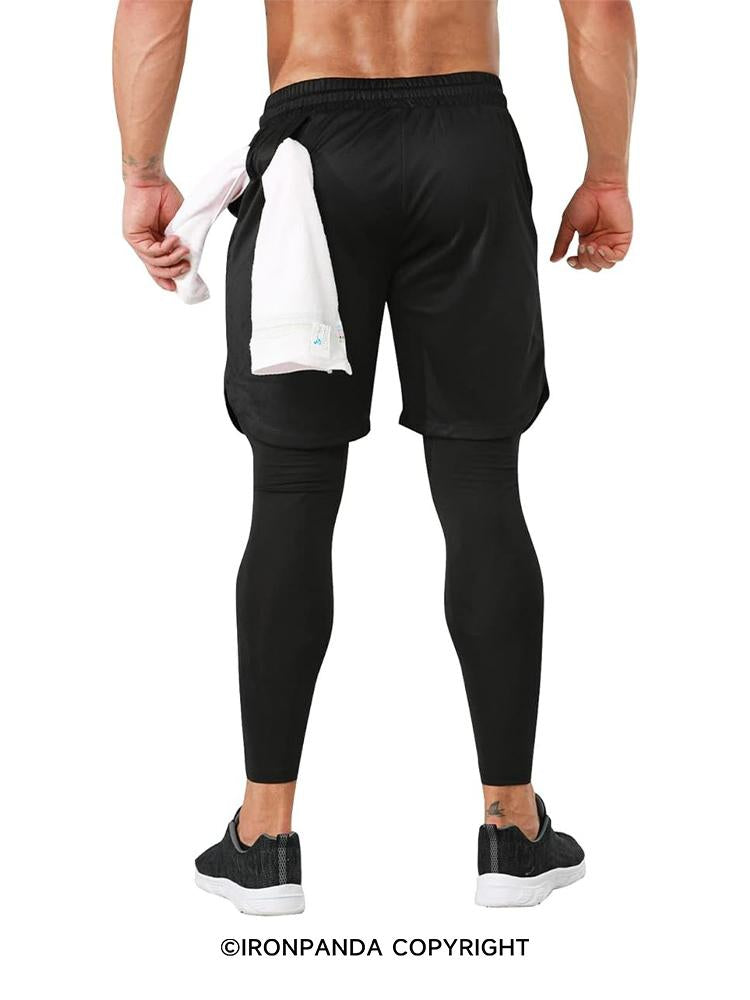 IronPanda Men's 2-in-1 Black Gym Workout Compression Pants Training Sweatpants