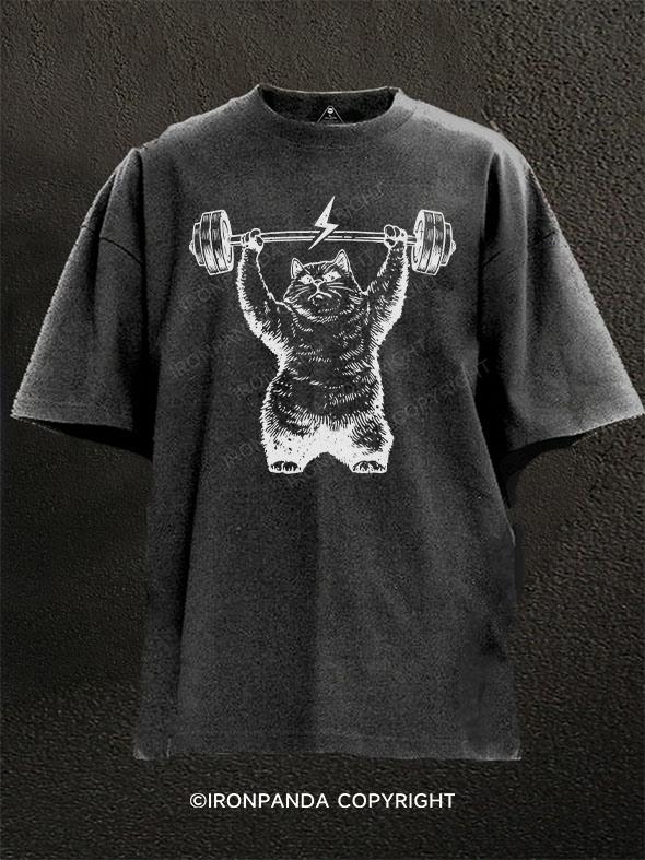 cat weightlifting Washed Gym Shirt