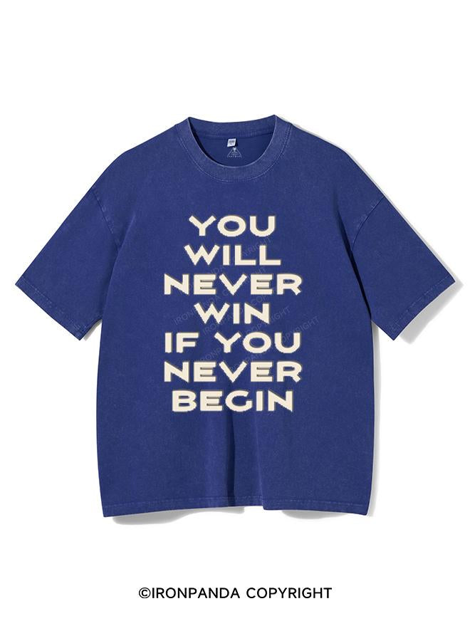 YOU WILL NEVER WIN IF YOU NEVER BEGIN VINTAGE GYM SHIRT