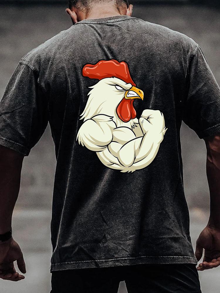 Rooster At The Gym back printed Washed Gym Shirt