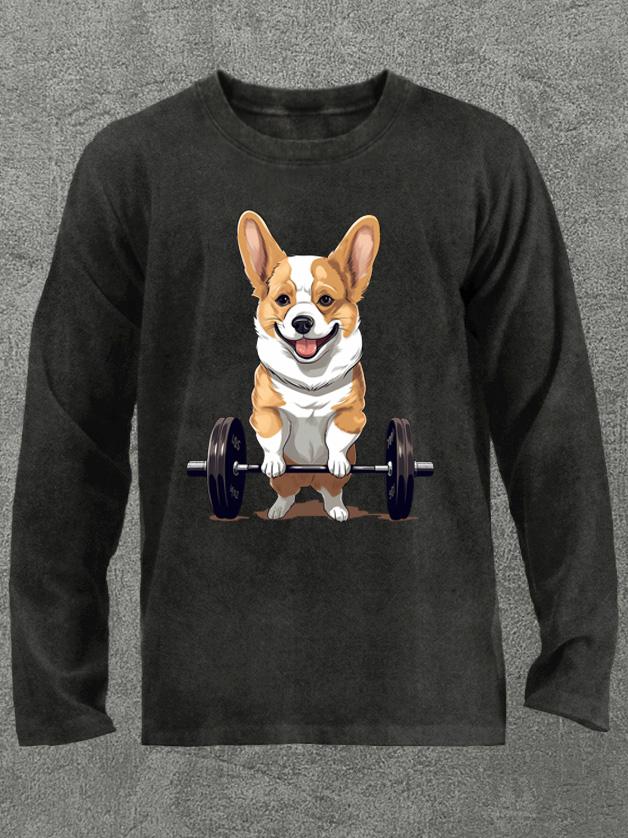 weightlifting dog corgi Washed Gym Long Sleeve Shirt