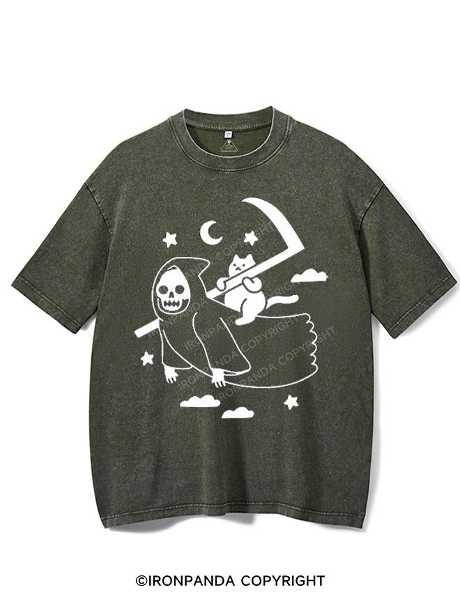 CAT RIDING GRIM REAPER VINTAGE GYM SHIRT