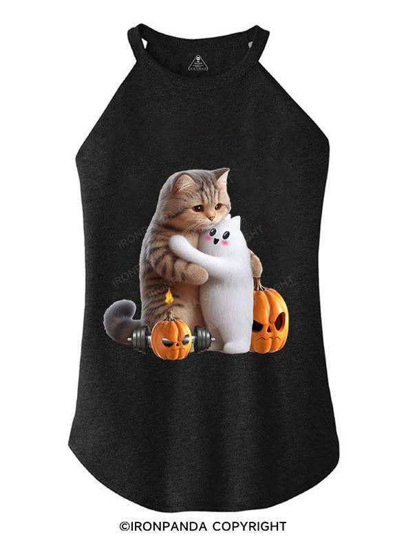 A CAT HUGGING A GHOST TRI ROCKER COTTON TANK