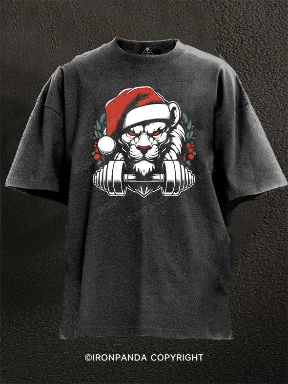 Christmas lion weightlifting Washed Gym Shirt