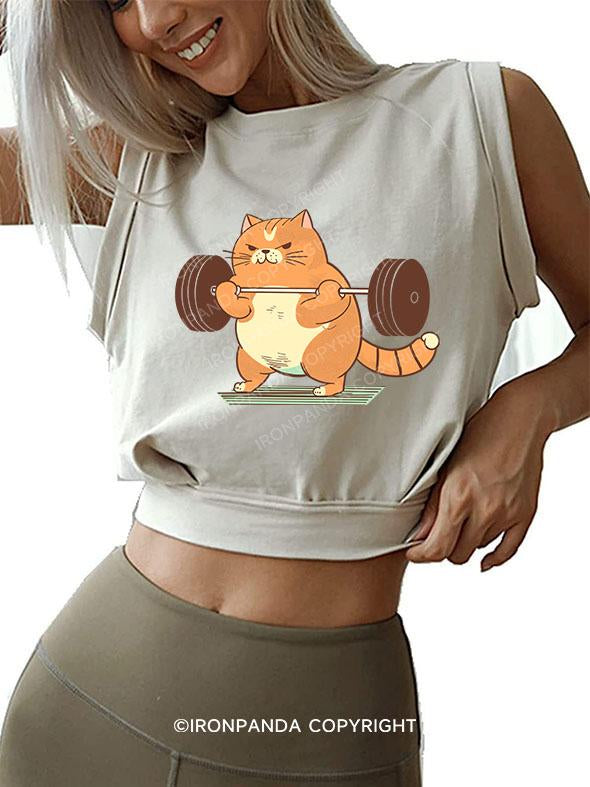 Cat Weightlifting SLEEVELESS CROP TOPS