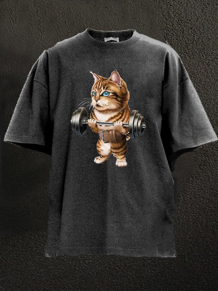 Cat Weightlifting Washed Gym Shirt