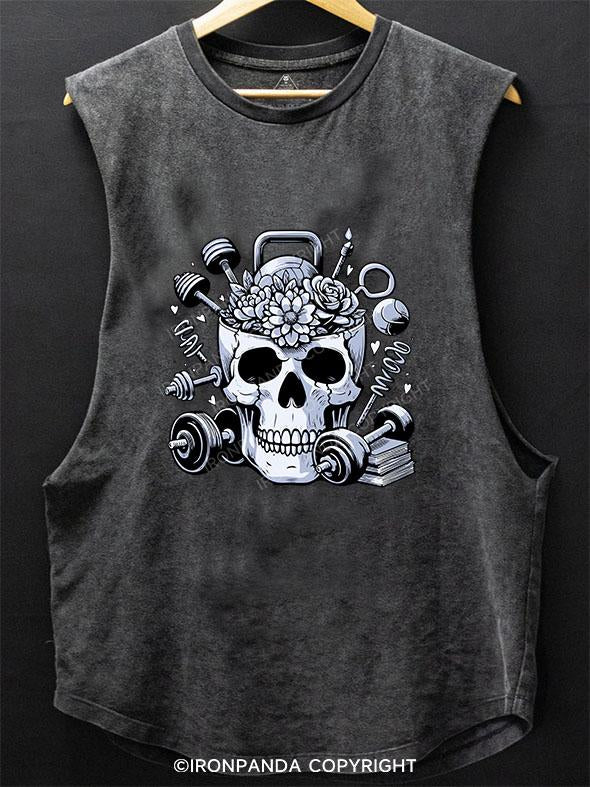 SKELETON LIFTING FLOWERS BOOKS SCOOP BOTTOM COTTON TANK