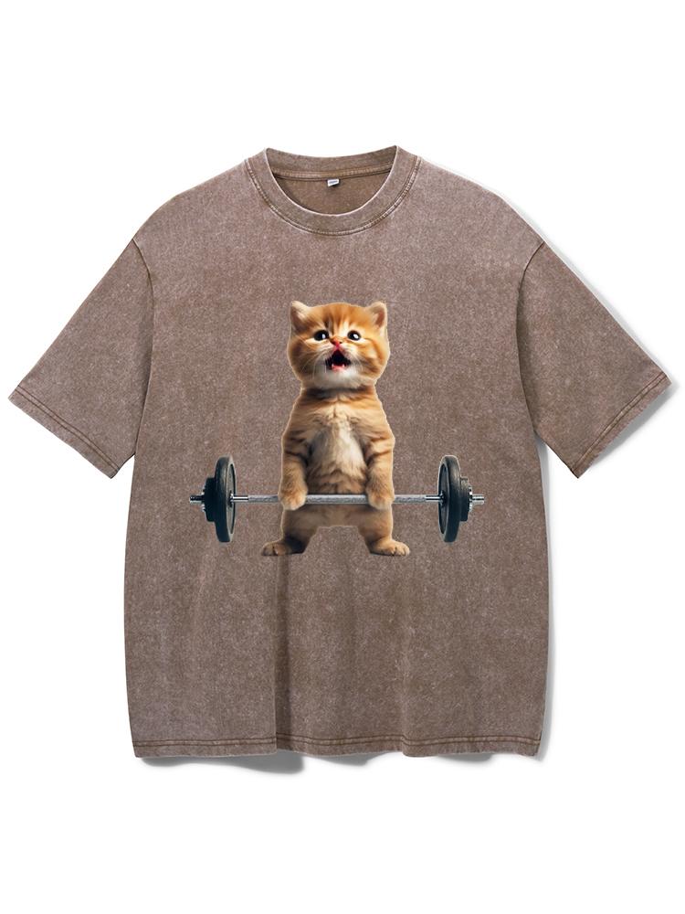 Cat Weightlifting Washed Gym Shirt