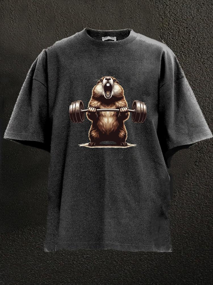 barbell wieghtlifting groundhog Washed Gym Shirt