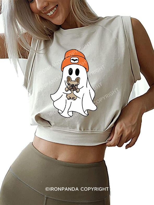 HALLOWEEN GHOST WITH A PUPPY SLEEVELESS CROP TOPS