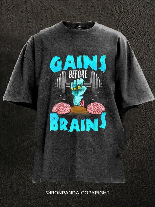 GAINS BEFORE BRAINS Washed Gym Shirt