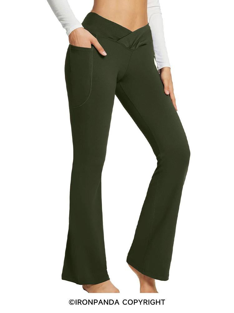 High Waist Cross Wide Leg Dark Green Yoga Pants