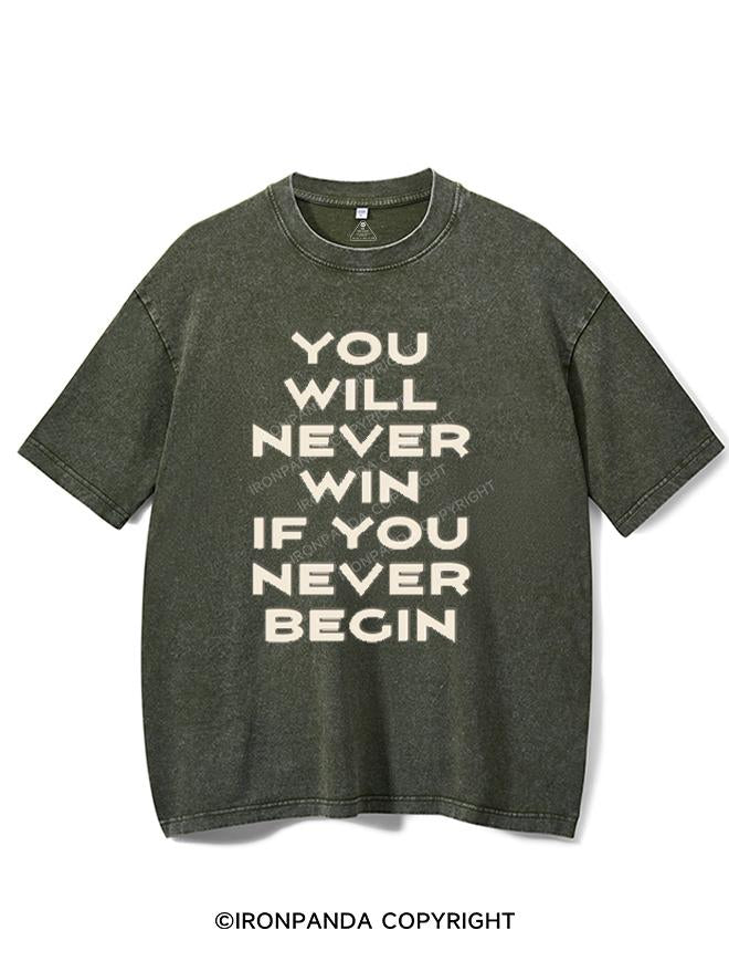 YOU WILL NEVER WIN IF YOU NEVER BEGIN VINTAGE GYM SHIRT