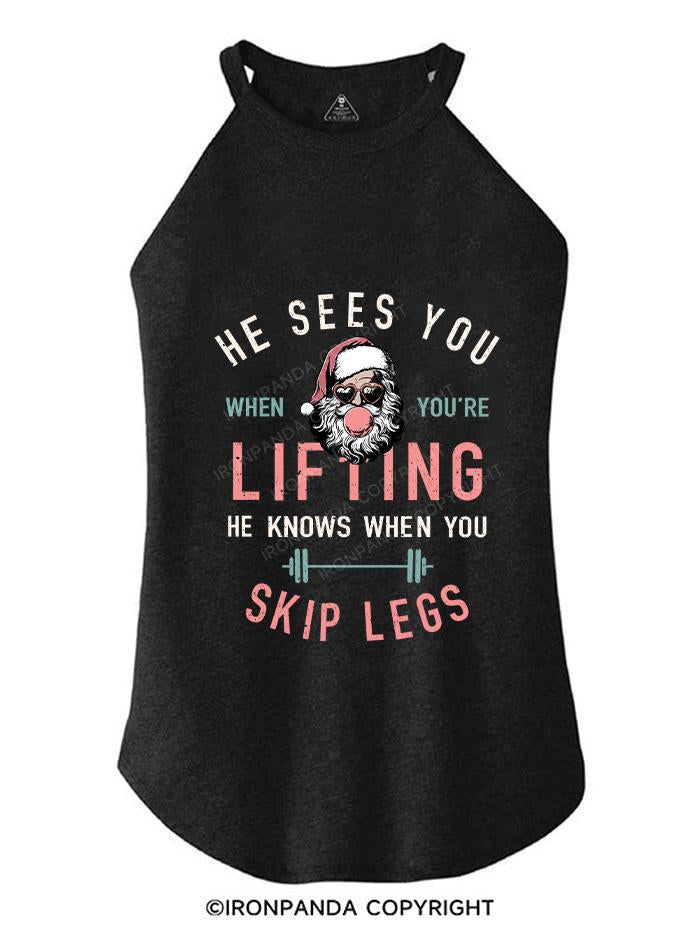 HE SEES YOU WHEN YOU'RE LIFTING TRI ROCKER COTTON TANK